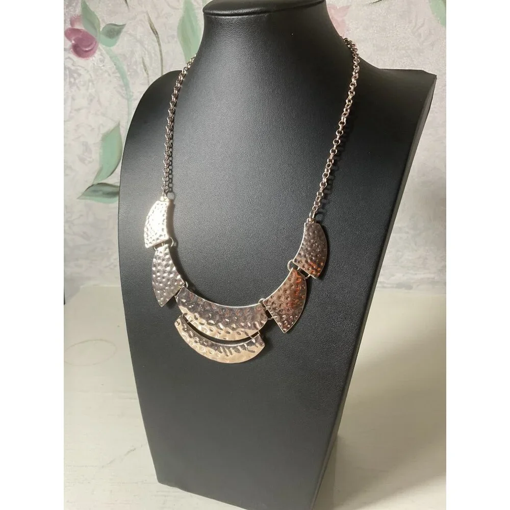 Hammered Rose Gold Tone Statement Necklace With Adjustable Chain & Lobster Clasp
